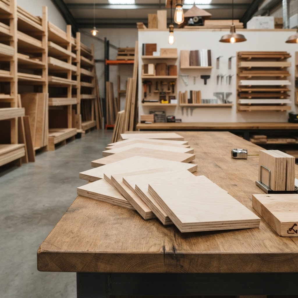 Plywood showroom counter with birch sheet samples at Golden Dragon Plywood