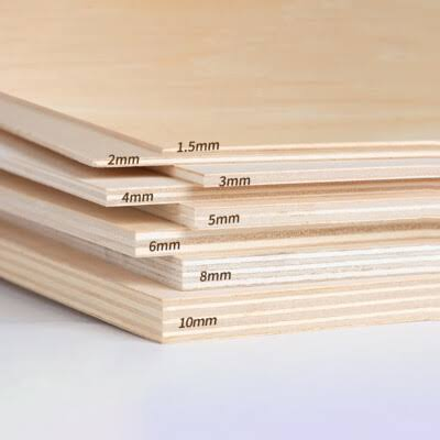 Stack of plywood sheets showing all available thicknesses from 1.5mm to 10mm labelled